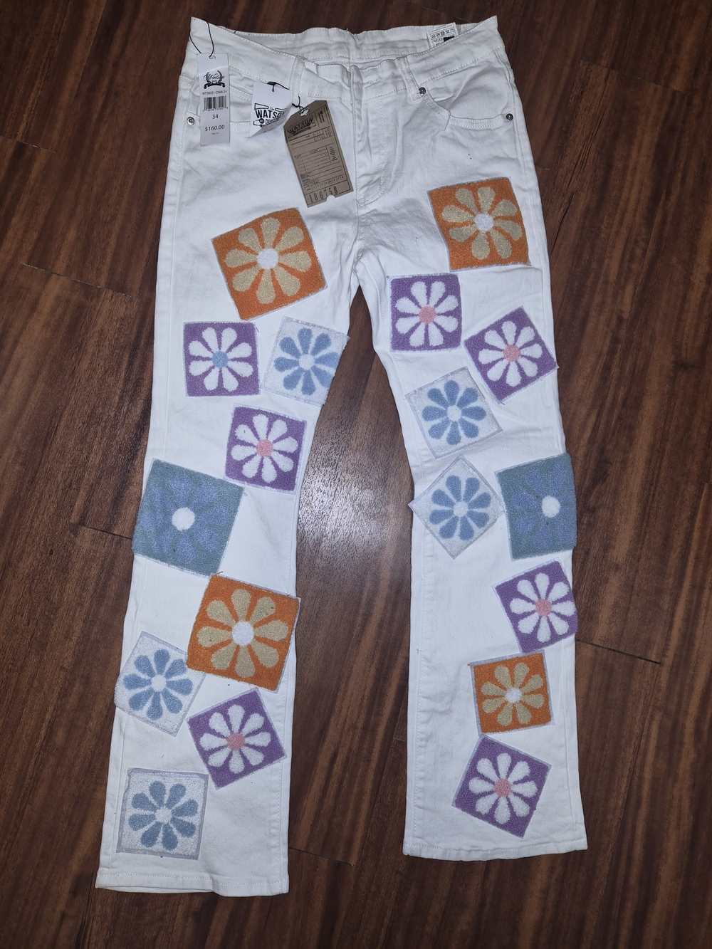 White Bootcut Men’s Jeans with Colorful Floral Patchwork